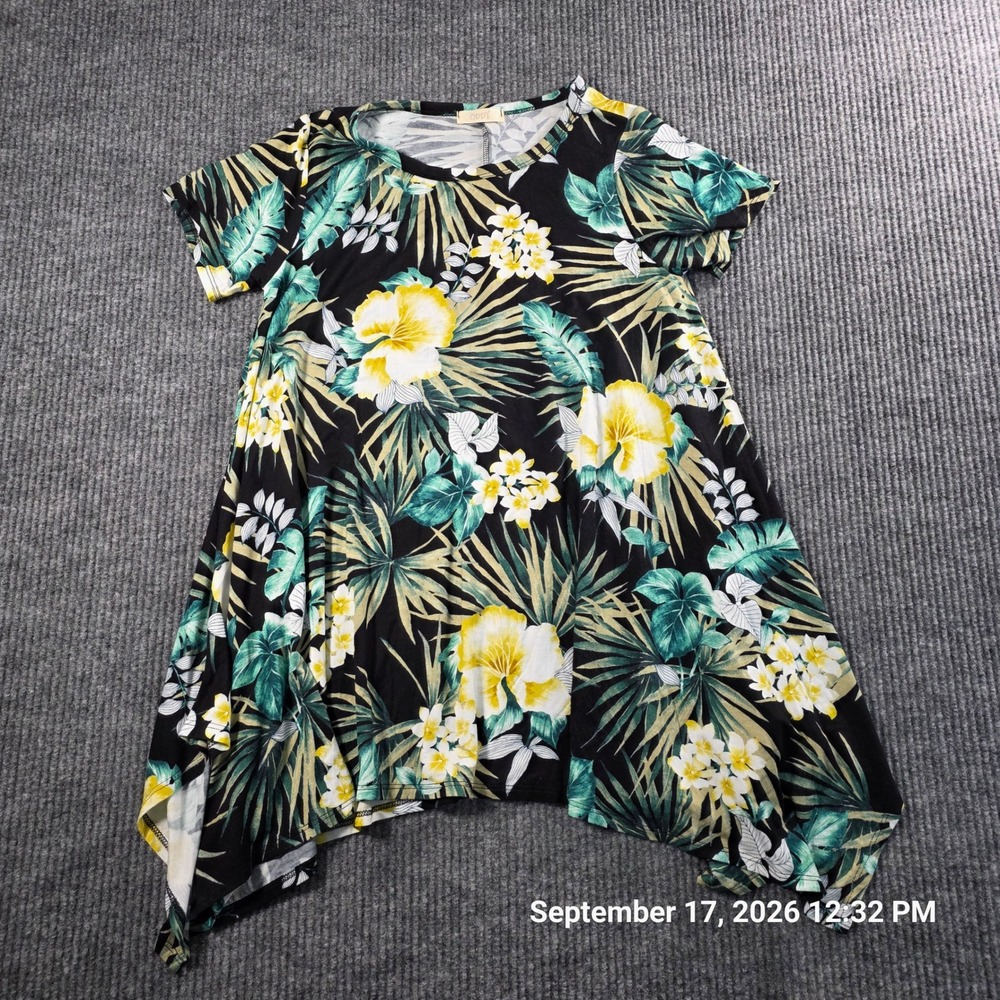 Oddi Women Tropical Floral Handkerchief Hem Tunic Top Black Yellow Small T62328
